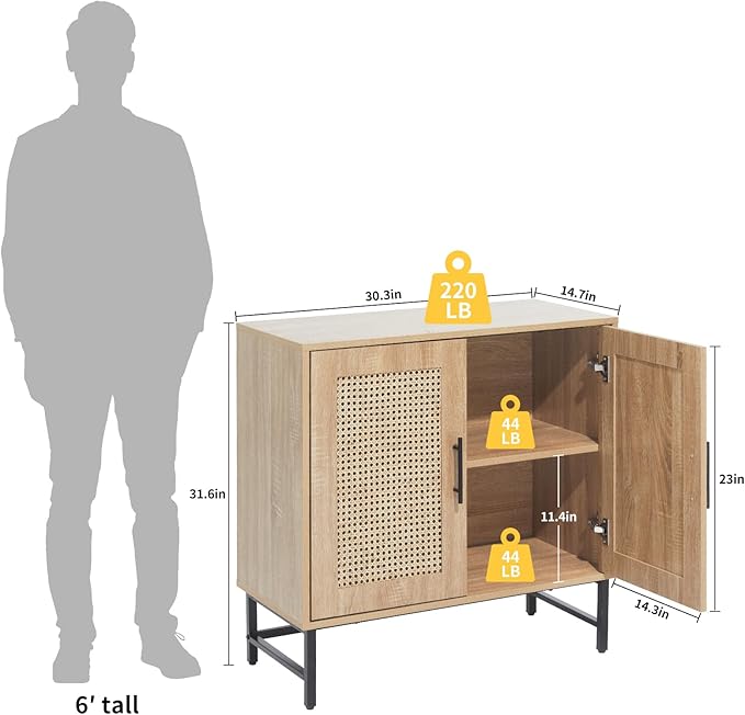 Storage Cabinet with PE Rattan Door, Sideboard Buffet Kitchen Cabinet, Modern Stylish Accent Furniture for Dining Room, Bedroom, Hallway, Living Room, Coffee Bar, Corner, Natural