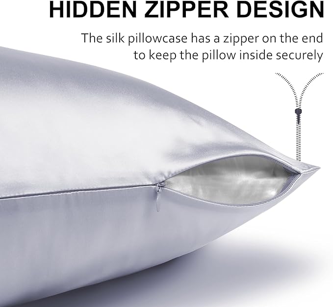 Silk Pillow Cases 2 Pack for Hair and Skin with Hidden Zipper, Ravmix Mulberry Silk Pillowcases Standard Size 20×26inches Set of 2 Silk Cooling Pillow Cases, Silver Grey