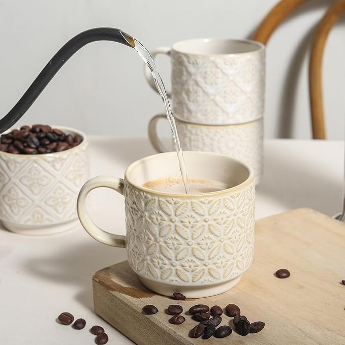 6 Oz Coffee Mugs with Stand - Stackable Ceramic Espresso Cups Set of 4, Embossed Coffee Cups, Porcelain Cappuccino for Latte, Cocoa, Mocha, Tea, Dishwasher Safe, 3 inch