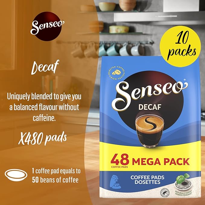 Senseo Decaf Coffee Pods – 480 Count (10 Packs) – Medium Roast with Smooth & Balanced Flavor and Rich Crema – Caffeine-Free Single-Serve Coffee Pads Compatible with Senseo & PeleCom Machines