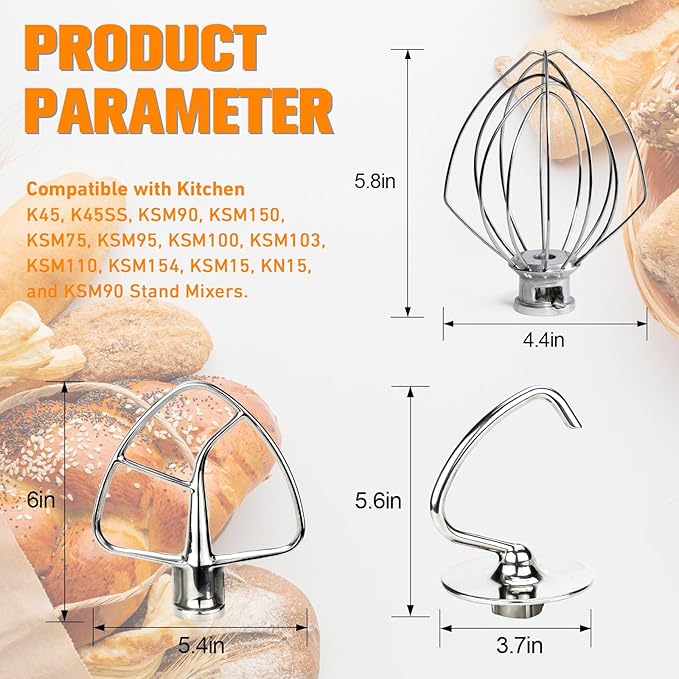 Funmit Mixers Accessories Stainless Steel Attachments Replacement for Kitchen-aid Mixers, K45WW Wire Whip, K45DH Dough Hook, K45B Coated Flat Blade Paddle, Kitchen Tilt-Head Aid Stand Mixer Attachment