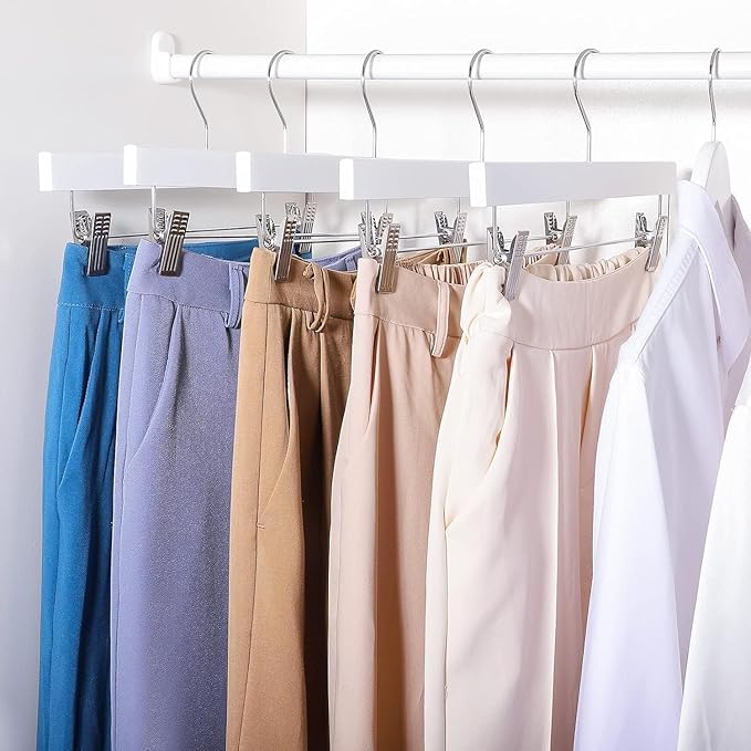 HOUSE DAY Premium Wooden Pants Skirts Hangers, Solid Wood Trousers Bottom Hanger with 2-Adjustable Clips, Clip Hangers for Slacks, Jeans, Shorts (White, Pack of 50)
