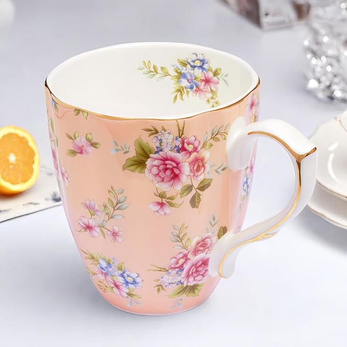 13oz Bone China Floral Mug with Gold Bone China Coffee Mugs Bone Teacup Christmas Mugs Birthday Gifts for Women Mom Friends Coworker