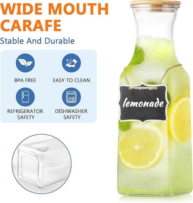 Set of 4 Square Glass Carafe, 1 Liter Beverage Serveware Carafe with Bamboo Lid, Water Bottles, Clear Glass Pitchers for Mimosa Bar, Milk, Juice, Lemonade(4 Bottles)