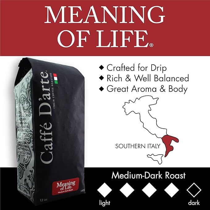 Caffe D'arte Meaning of Life Ground Coffee – Medium Dark Roast, Rich & Well-Balanced Flavor with Great Aroma, Crafted for Drip Brewing, Fresh Roasted in Seattle, 12 Ounce (1 Pack)