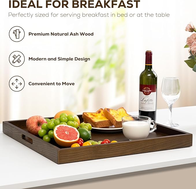 Axeman 20 Inch Large Square Wooden Ottoman Tray for Living Room|Extra Large Serving Tray with Handles for Coffee Table, Breakfast|Decorative Wood Tray for Ottoman Couch Sofa Kitchen|Walnut