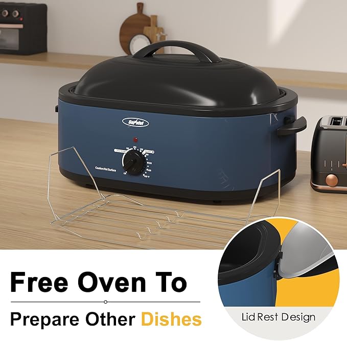 Royalcraft Roaster Oven with Self-Basting Lid, 18qt Electric Roaster with Removable Pan & Rack, Turkey Roaster Oven with Defrost & Warm Function, Stainless Steel, Blue