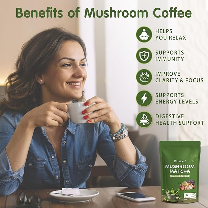 Mushroom Matcha, 6 Adaptogenic Mushrooms (Lion's Mane, Cordyceps, Turkey Tail & Other) Mixed with Ceremonial Grade Matcha for Focus, Energy, Immune and Digestion Health Support, 30 Servings