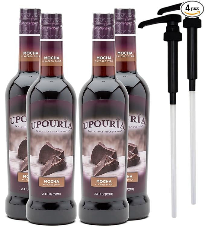 Upouria Mocha Coffee Syrup Flavoring, 100% Vegan, Gluten-Free, Kosher, 750 mL Bottle (Pack of 4) with 2 Syrup Pumps