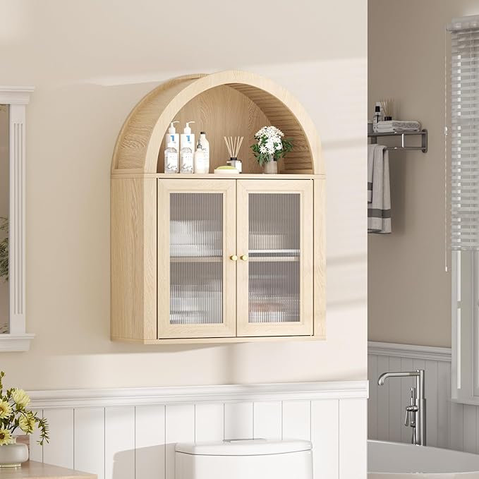 Arched Bathroom Cabinet, Wall Mounted Bathroom Cabinet with Tempered Glass Doors and Adjustable Shelf, for Kitchen, Living Room, Laundry Room, Restroom, Oak