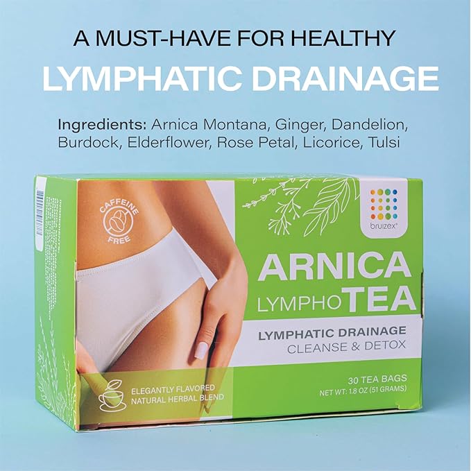 Bruizex Arnica Tea for Bruising and Swelling, Post Surgery Recovery after Liposuction, Tummy Tuck, 360 Lipo, BBL I Blend For Lymphatic Drainage Massage & Fibrosis with Ginger I 30 arnica tea bags