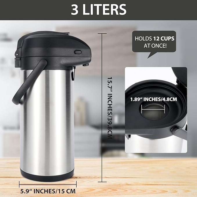 Heritage66 3L Airpot Thermal Coffee Carafe with Cleaning Brush, Triple Wall Vacuum Insulated Stainless Steel Coffee Dispenser, 101oz Pump Pot for Hot & Cold Drinks