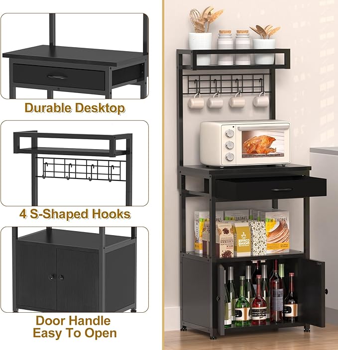 5-Tier Coffee Bar Cabinet & Microwave Stand with Storage, 2 Doors, 4 S-Hooks Kitchen Appliance Bakers Rack for Spices, Pots,Coffee Station for Small Spaces,Living Room,Entryway,Black