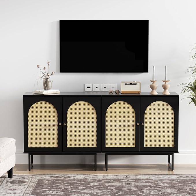 Vabches Sideboard Buffet Cabinet with Rattan Doors, 2 Doors Accent Sideboard, Coffee Bar Cabinet with Metal Legs for Living Room, Hallway, Entryway (Black, 2 Doors)