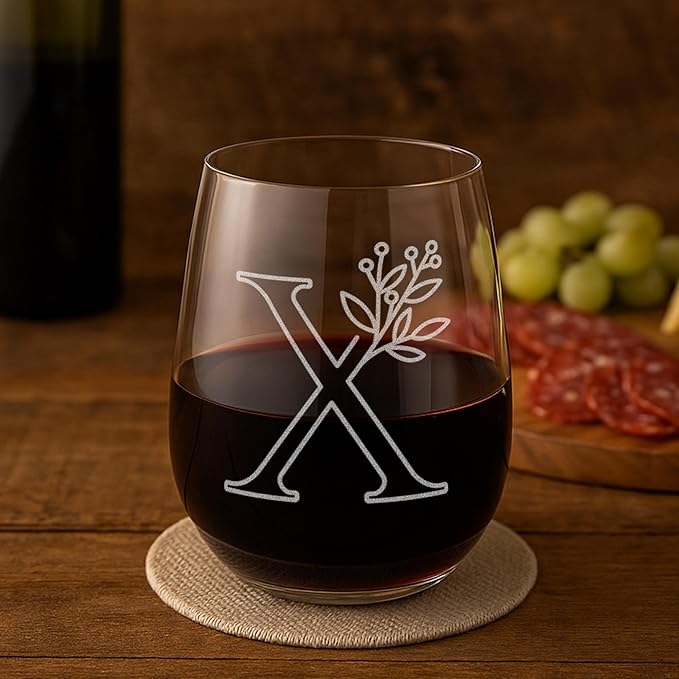 On The Rox Drinks Monogrammed Gifts For Women and Men - Letter A-Z Initial Engraved Monogram Stemless Wine Glass - 17 Oz Personalized Wine Gifts For Women and Men (X)