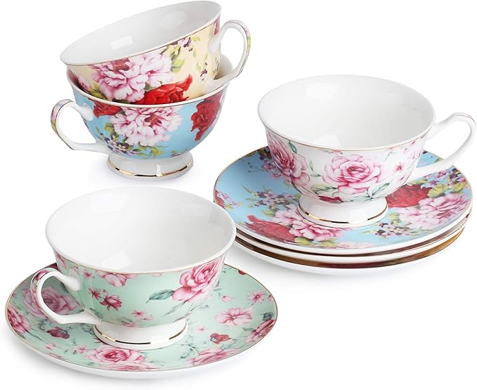 BTaT- Floral Tea Cups and Saucers Set of 4 (7 oz), Porcelain Tea Cup Sets, Assorted Colors with Gold Trim & Gift Box, Dishwasher & Freezer Safe
