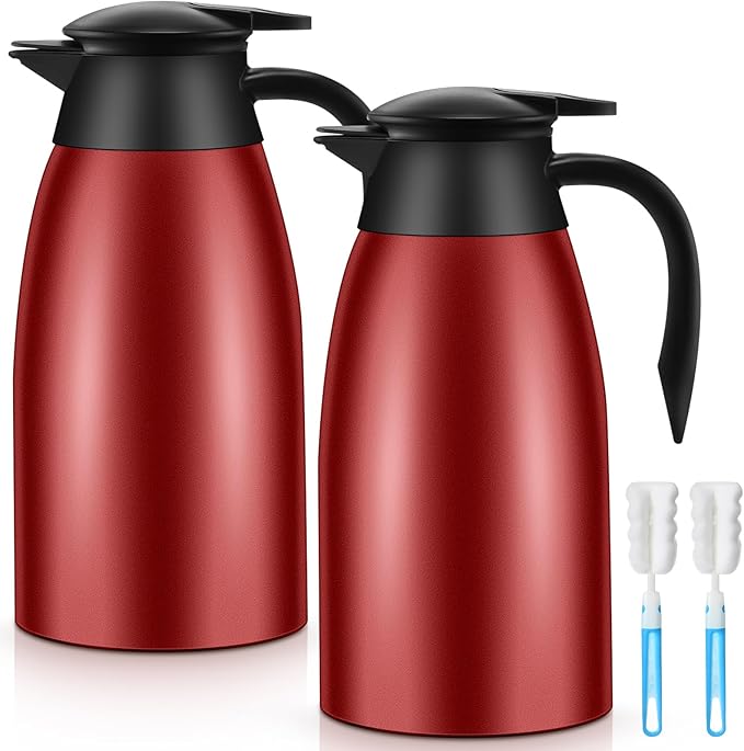 2 Pcs 51 oz Thermal Coffee Carafe for Keeping Hot Insulated Stainless Steel Vacuum Thermal Pot Flask Double Walled Vacuum Coffee Carafe for Beverage Water Tea, 12 Hot 24 Hours Cold(Red)