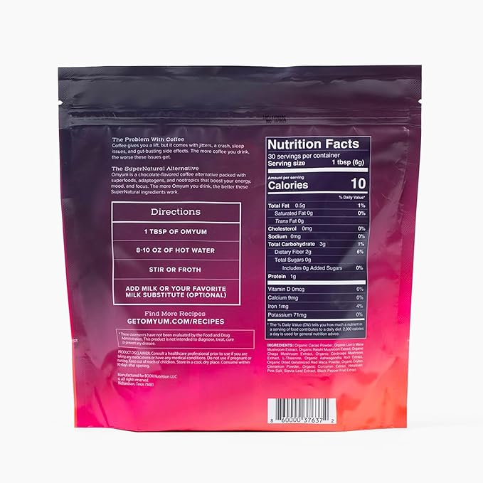 OMYUM - Premium Cacao Mushroom Coffee Alternative (30 Single-Serve Packets) Organic Blend with Lion’s Mane, Reishi, Cordyceps, Ashwagandha, Maca & L-Theanine for Calm, Focused Energy - Low Caffeine