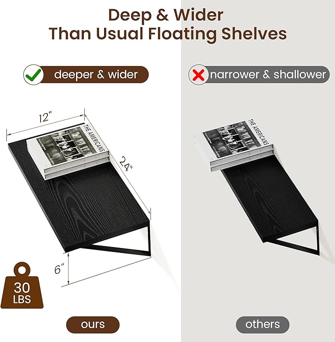 Axeman Deep Floating Shelves Black- 24 Inch Wide x 12 Inch Deep Wall Shelves Set of 2 - Black Wood Wall Shelves for Living Room Bedroom Laundry Room
