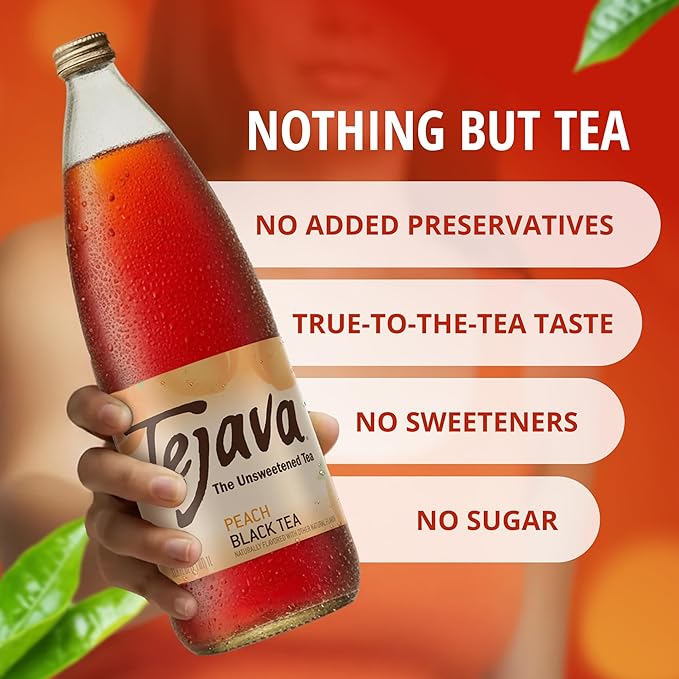 Tejava Original Unsweetened Peach Iced Tea, 12 Pack, 1 Liter Glass Bottles, Non-GMO, Kosher, No Sugar or Sweeteners, No calories, No Preservatives, Brewed in Small Batches