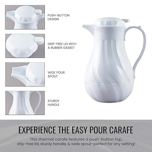 OCS Parts Easy Pour Thermal Coffee Carafe | 10-Inch Insulated Hot and Cold Beverage Pitcher Server for Coffee, Tea, Hot Chocolate and Water with Colored Tags for Easy Idenfication | 42-Ounce | White