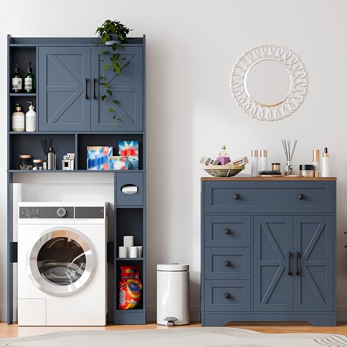 Vabches Farmhouse Storage Cabinet with 2 Doors and 4 Drawers, Freestanding Bathroom Storage Cabinet Kitchen Pantry, Floor Hutch Cupboard for Living Room/Bathroom/Kitchen,Blue