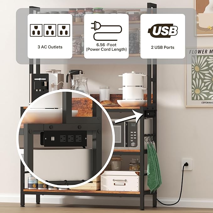 Kitchen Baker’s Rack with Power Outlet, 5-Tier Free Standing Storage Shelf Rack with Hooks, Kitchen Shelves with Storage,Industrial Microwave Stand Shelf for Dining Room,Coffee Bar for Spaces