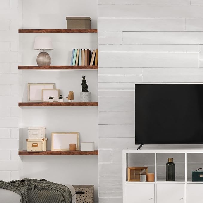 Sorbus Wood Floating Shelves for Wall - 16” Solid Wood Wall Shelves for Bathroom Decor, Books, Bedroom & Living Room - Set of 2 Walnut Wall Mounted Kitchen Shelves - Durable Solid Pine