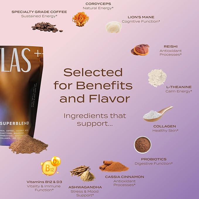 Atlas+ Latte Superblend– Premium Mushroom Coffee with Collagen, Probiotics, D3 & B12, Lion’s Mane, Reishi, Cordyceps, Coconut– for Energy, Focus, Immunity & Gut Health– 20 Servings (1 Bag)