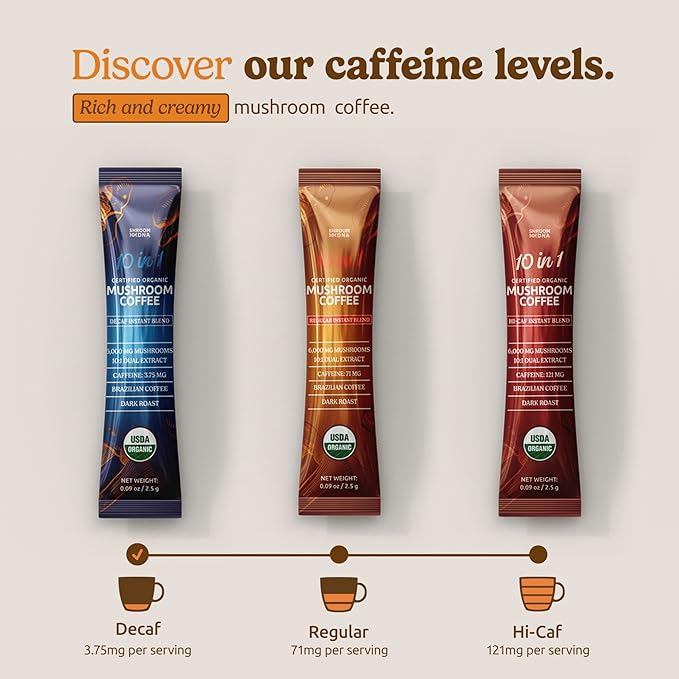 10-in-1 USDA Certified Organic Decaf Mushroom Coffee, Instant Mushroom Coffee Decaf, Brazilian Dark Roast for Better Energy, Focus, Gut Health, 30 Sticks - ShroomDNA
