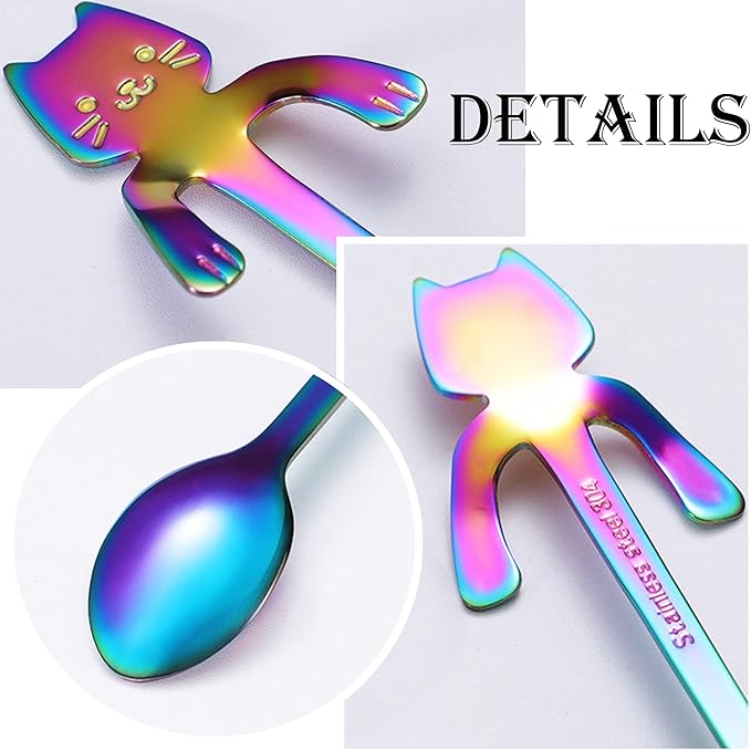 6 PCS Cat Spoon Coffee Tea spoon Set, ESRISE Stainless Steel Mini Long Cute Kitten Stirring Teaspoons for Dessert Drink Mixing Milkshake (Multi)