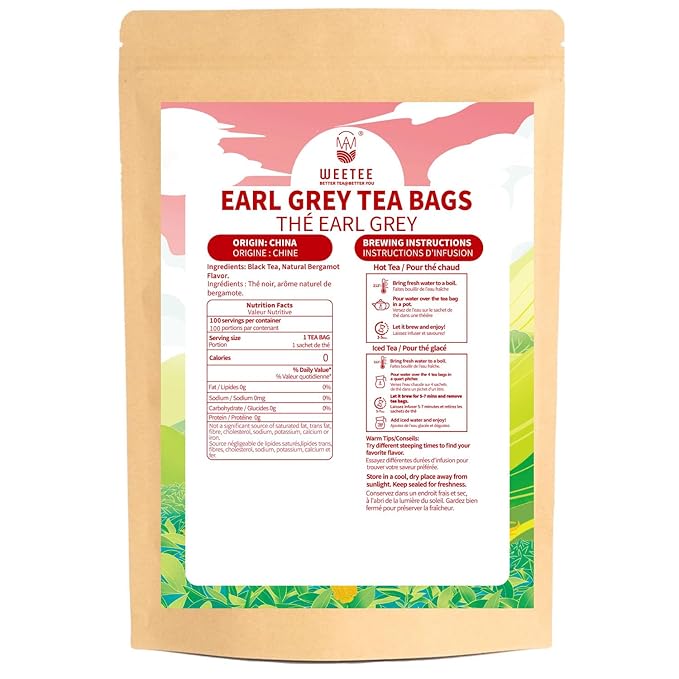WT WEETEE Earl Grey Tea Bags, 100 Count Black Tea Flavored with Bergamot Orange, Resealable Kraft Bag | Brew Hot or Iced