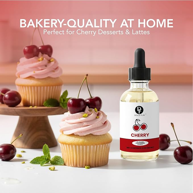 Dolce Flav Cherry Extract – 2 Ounce Oil-Soluble Kosher, Sugar-Free, Concentrated Fruity Flavor for Candy, Chocolates & Desserts, Includes Measured Dropper
