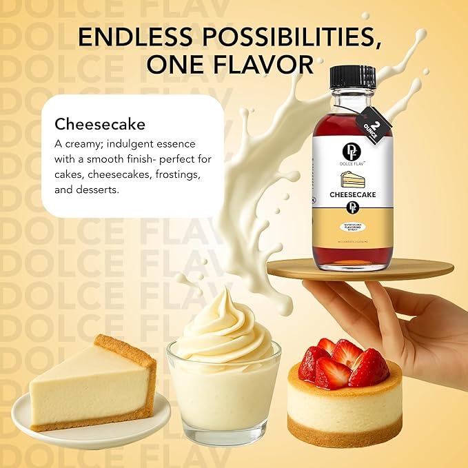 Dolce Flav Cheesecake Extract – 8 Ounce Water-Soluble Kosher, Sugar-Free, Concentrated Creamy Flavor for Desserts, Frostings & Pastries, Includes Measured Dropper