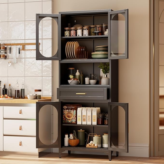 75" Tall Kitchen Pantry Cabinet,Metal Storage Cabinets with 4 Glass Doors and Adjustable Shelves,Freestanding Display Cupboard for Dining Room,Living Room,Hallway,Bathroom,Black