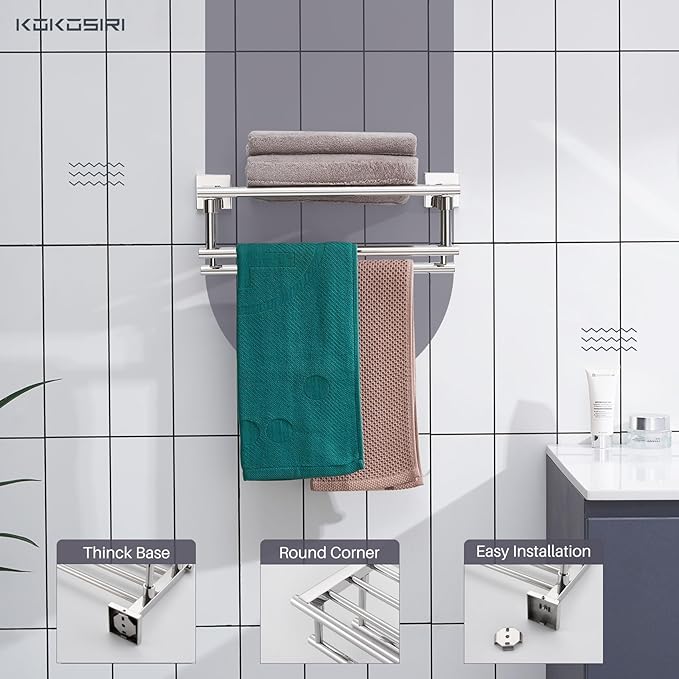KOKOSIRI Bathroom Towel Rack Towel Holder 16 Inch Bath Towel Shelf with Double Towel Bars Wall Mounted, Polished Chrome Stainless Steel B6005CH-L16