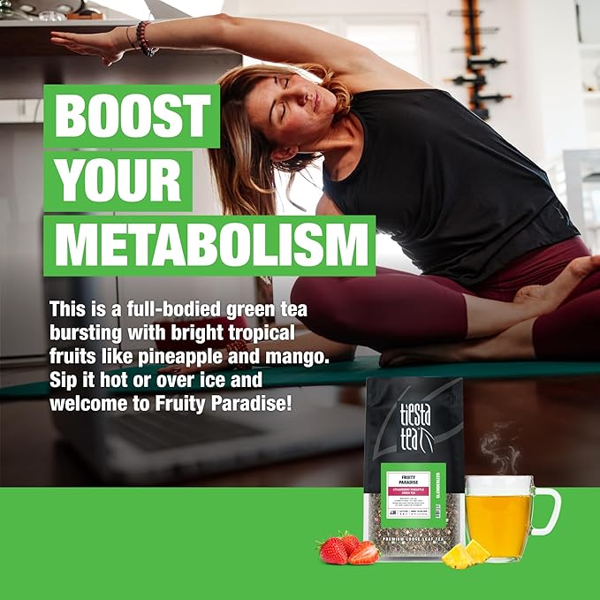 Tiesta Tea - Fruity Paradise, Loose Leaf, Strawberry Pineapple Green Tea, Premium Medium Caffeinated Green Blend, Make Hot or Iced & Brews Up to 200 Cups, 16oz Resealable Bulk Pouch