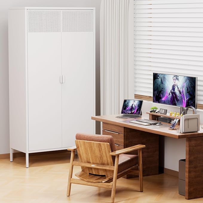 Metal Storage Cabinet with 2 Doors and 3 Adjustable Shelve,61" White Kitchen Pantry Storage,Office Steel Cabinets Locker for Kitchen,Living Room,Dining Room,Home,Office