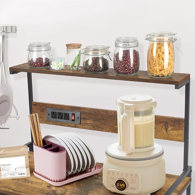 4-Tier Kitchen Baker's Rack with Power Outlet, Microwave Stand and Storage Shelves, Coffee Station Organizer (Rustic Brown)