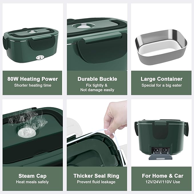 Electric Heated Lunch Boxes Adults: 80W Electric Lunch Box Food Heated 12/24/110V 1.5L Heatable Lunch Box for Car/Truck/Office Leak-Proof Stainless Steel Container,Fork & Spoon,Bag (Dark Green)