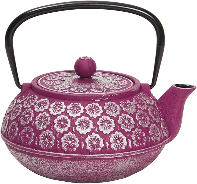 Juvale Cast Iron Tea Kettle with Infuser - Stovetop Brewing & Heat Retention - Floral Purple Cast Iron Teapot - Built-In Loose-Leaf Tea Infuser Pot - 34 oz, Medium