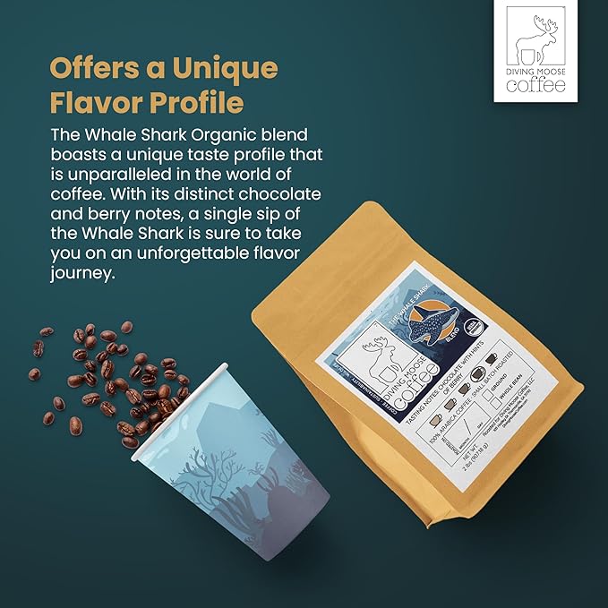 Diving Moose Coffee - The Whale Shark Blend USDA Organic Medium Dark Roast (32oz / 2 LB) - Chocolate Berries Specialty Grade Small-Batch Roasted to Order Smooth Not Bitter