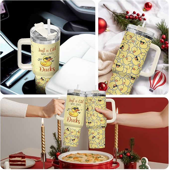 34HD Just A Girl Who Loves Ducks Tumbler with Handle and Straw, 40oz Animal Themed Coffee Mug with Lid, Duckling Cup, Duck Lover Gifts for Teenage Girls Women Daughter Friends