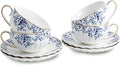 ceramic tea cups and saucers 6oz,floral tea cups for Coffee, Latte, Cafe Mocha and Tea (Little Blue Flowers)