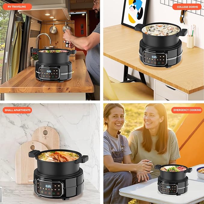 6QT Air Fryer & Multi-Cooker Combo - 12-in-1 Electric Hot Pot, Rice Cooker, Steamer with Removable Air Fry Basket & Soup Pot, 1800W, Dishwasher Safe