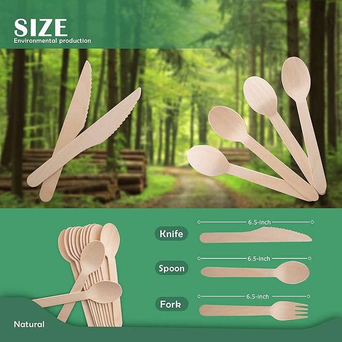 Disposable Wooden Forks -Pack of 100, 6.5" Length-Biodegradable, Natural Wooden Utensils, Great for Parties,Camping,Weddings&Dinner Events (Forks)