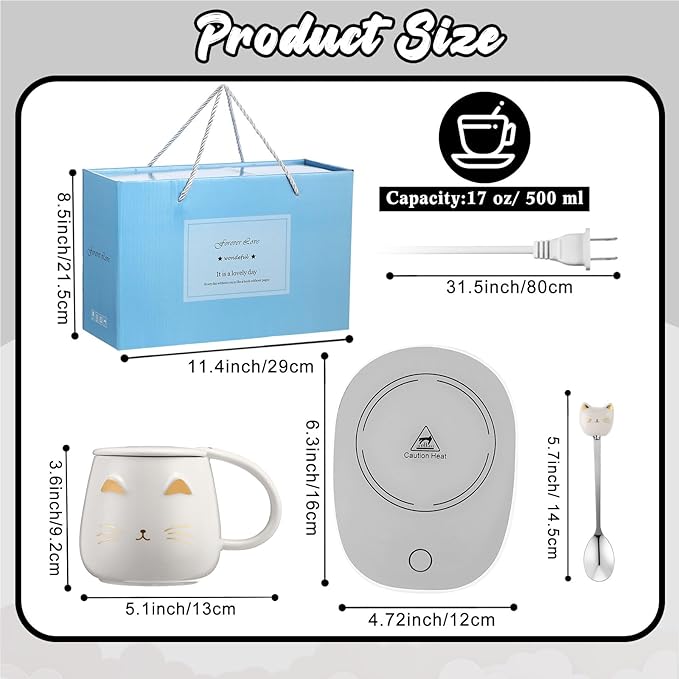Cat Coffee Cup Warmer Coffee Warmer with Mug for Women Electric Coffee Mug Heater Temperature Control Ceramic Cute Cat Smart Coffee Warmer for Office Christmas Birthday Gift (White)