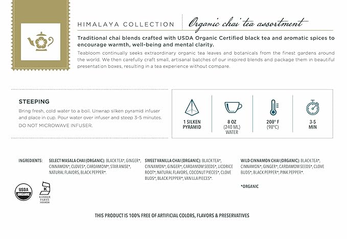 Teabloom Himalaya Chai Gift Set – Organic Chai Tea Sampler with 12 Plant-Based Pyramid Sachets, Elegant Presentation Box for Tea Lovers