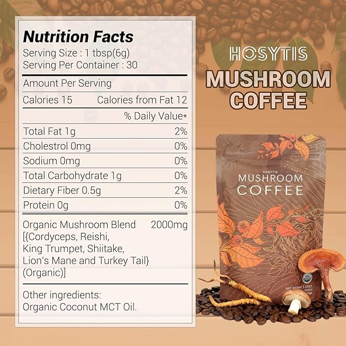 Organic Instant Mushroom Coffee with Lion's Mane, Reishi, Cordyceps, Shiitake, King Trumpet & Turkey Tail Coffee,30 Servings 6.35 oz for Greater Energy, More Focus, Better Digestion, and Gut Support(1 Pack)
