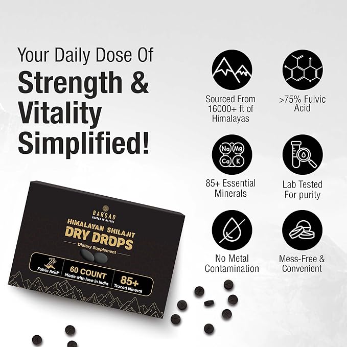 Shilajit Dry Drops | Natural Energy & Stamina | 100% Authentic Himalayan Shilajit Resin in Dry Form | Supports Vitality, Focus & Detox | No Additives or Fillers | 60 Count